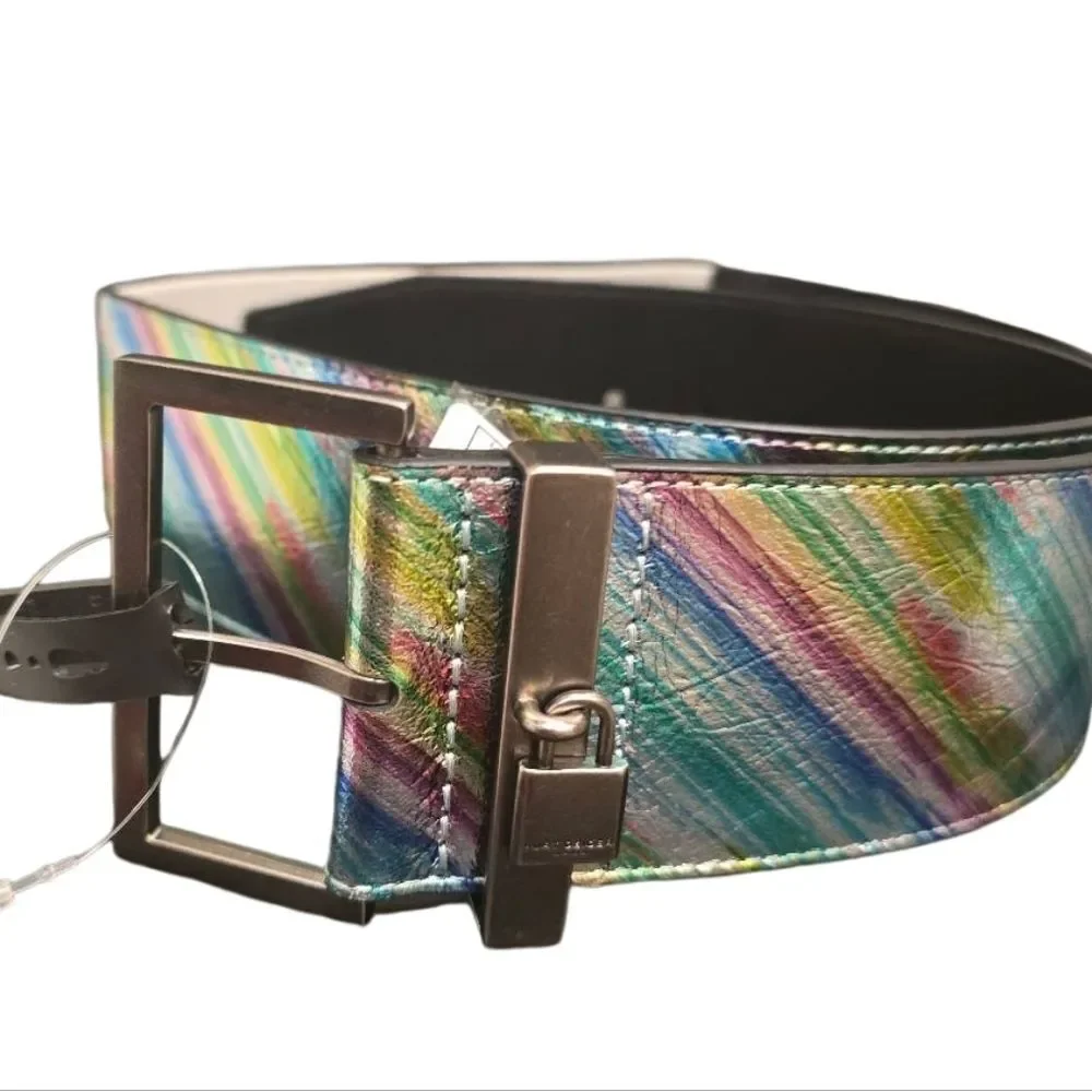 Kurt Geiger‎ London Leather Stretch Belt- Light Blue/Antique Silver